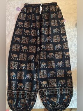 Black Elephant Print Harem Pants with Blue & Cream Accents from India